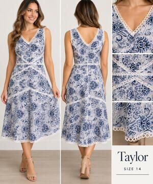 Taylor Dress Women 14 Navy White Floral Lace Fit Flare V Neck